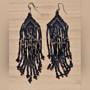 Source Unknown Black Beaded Fringe Drop Earrings